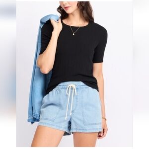 Black Elbow Sleeve Pointelle Knit Ribbed Women's Top
